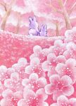  acrylic_paint_(medium) animal animal_focus bunny chibi commentary_request ears_up field floral_background flower flower_field highres holding_hands mother_and_daughter no_humans original painting_(medium) pink_flower sinsousui traditional_media tree 