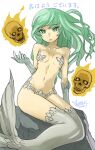  1girl 2021 bangs breasts commentary_request eyebrows_visible_through_hair fire flaming_skull green_eyes green_hair grey_legwear highres long_hair mermaid mermaid_(shin_megami_tensei) monster_girl oyster_(artist) parted_lips rock scales shin_megami_tensei shin_megami_tensei_v signature simple_background sitting skull small_breasts solo thighhighs translation_request very_long_hair webbed_hands white_background 