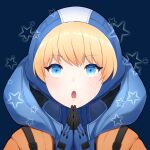  1girl :o apex_legends bangs blonde_hair blue_background blue_bodysuit blue_eyes blue_headwear blush bodysuit eyebrows_visible_through_hair highres hood hooded_jacket jacket kuroneko13x open_mouth orange_jacket ribbed_bodysuit scar scar_on_cheek scar_on_face solo star_(symbol) wattson_(apex_legends) 