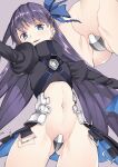  1girl absurdres arm_up ass blue_eyes bow eyebrows_visible_through_hair fate/grand_order fate_(series) hair_bow highres long_hair maebari meltryllis_(fate) mtu_virus multiple_views navel parted_lips puffy_sleeves purple_background purple_hair shayo shiny shiny_skin solo 