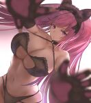  1girl absurdres animal_ears animal_hands azur_lane bikini black_bikini black_gloves blurry breasts cat_ears eyebrows_visible_through_hair fake_animal_ears gloves highres la_galissonniere_(azur_lane) large_breasts liaowen long_hair looking_at_viewer navel paw_gloves pink_eyes pink_hair simple_background solo swimsuit twintails white_background 