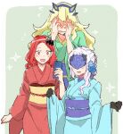  3girls blonde_hair blush cellphone fairy_knight_gawain_(fate) fairy_knight_lancelot_(fate) fairy_knight_tristan_(fate) fate/grand_order fate_(series) hands_on_own_face highres japanese_clothes kimono long_hair mask multiple_girls naosuke_(morioka_shachuu) obi phone pointy_ears red_hair red_nails sash smartphone white_hair wide_sleeves 