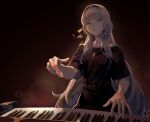  1girl an-94_(girls&#039;_frontline) bangs black_background black_dress blue_eyes closed_mouth dress english_commentary eyebrows_visible_through_hair girls&#039;_frontline hair_ribbon hairband highres instrument jewelry light_particles long_hair music necklace niac piano piano_keys playing_instrument playing_piano ribbon short_sleeves signature silver_hair solo very_long_hair 