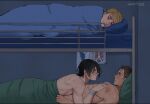  1boy 1girl 2boys after_sex annlu_vazzel armin_arlert bed black_hair blanket blonde_hair blush bunk_bed colossal_titan covering eren_yeager hand_on_another&#039;s_chest looking_up lying lying_on_another mikasa_ackerman multiple_boys muscular muscular_female nude pillow scar shingeki_no_kyojin short_hair smile survey_corps_(emblem) sweat 