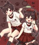  1boy 1girl animal_ears bandaid blush bracelet brown_hair cat_boy cat_ears cat_girl cat_tail checkered_clothes choker fang highres jewelry long_hair matching_outfit one_eye_closed original red_eyes rii_(pixiv11152329) shirt short_shorts shorts siblings side_ponytail skirt tail thighhighs thighs twins white_shirt 