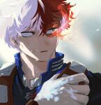  1boy bangs birthday birthday_cake blood blood_on_face blue_eyes blurry blurry_background bodysuit boku_no_hero_academia burn_scar cake character_name costume cryokinesis cuts dated english_text facing_viewer fire food grey_eyes hair_between_eyes hair_blowing happy_birthday harness heterochromia high_collar highres ice injury jumpsuit long_bangs looking_to_the_side male_focus miyam_mi multicolored_hair open_collar parted_lips portrait pyrokinesis red_hair scar scar_on_face scratches short_hair solo todoroki_shouto two-tone_hair vambraces white_hair 