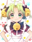  1girl :3 ahoge animal_ears apron bangs bell black_bow black_bowtie blush bow bowtie cat_ears closed_mouth commentary dejiko di_gi_charat eyebrows_visible_through_hair green_eyes green_hair hair_bell hair_bow hair_ornament looking_at_viewer maid medium_hair neck_bell parted_bangs paw_print paw_print_background shiramori_sawa short_sleeves smile solo upper_body v-shaped_eyebrows white_apron white_background 