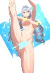  1girl :o absurdres armpits bangs blue_background breasts bronya_zaychik bronya_zaychik_(silverwing:_n-ex) censored drill_hair grey_eyes grey_hair highres honkai_(series) honkai_impact_3rd long_hair looking_at_viewer nail_polish navel nude open_mouth pink_nails solo split standing standing_on_one_leg standing_split twin_drills wangjook_(wj) white_background 