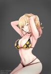  1girl amai-pai armpits arms_behind_head arms_up artist_name bangs bikini black_choker blonde_hair blush breasts choker cleavage colored_tips eyebrows_visible_through_hair floral_print from_side grey_background grin gyaru hands_in_hair highres kitagawa_marin large_breasts looking_at_viewer navel one_eye_closed pixiv_id red_eyes sideboob skindentation smile solo sono_bisque_doll_wa_koi_wo_suru stomach strap_gap swimsuit 
