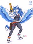  anthro black_nose blue_eyes blue_hair breasts canid canine canis clothed clothing feathered_wings feathers female gene_starwind gun hair kacey mammal navel_outline outlaw_star ranged_weapon shirt simple_background solo spread_wings tala_(suntattoowolf) tank_top topwear weapon white_background wings wolf 