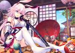  1girl animal_ears bangs bare_shoulders blue_sky branch breasts cloud cloudy_sky daruma_doll door fox_ears fox_mask full_body grin holding holding_sword holding_weapon honkai_(series) honkai_impact_3rd indoors japanese_clothes katana lantern long_hair looking_at_viewer mask michi miko no_shoes oil-paper_umbrella on_floor origami panties paper_lantern pink_hair pink_panties pink_skirt purple_eyes sitting skirt sky smile soles solo sword thighhighs umbrella underwear weapon white_legwear white_sleeves yae_sakura yae_sakura_(gyakushinn_miko) 