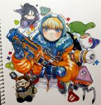  1boy 2girls apex_legends black_bodysuit black_hair black_scarf bodysuit brown_hair caustic_(apex_legends) chibi gas_mask goggles gun hair_behind_ear hair_bun hair_slicked_back highres holding holding_gun holding_weapon kagaya_(oshiriudon) light_machine_gun lightning_bolt_symbol loot_tick m600_spitfire mask multiple_girls nessie_(respawn) photo_(medium) robot scarf skull_and_crossbones sparkle star_(symbol) stuffed_toy traditional_media wattson_(apex_legends) weapon white_background wraith_(apex_legends) 