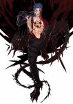  1boy abs black_gloves black_pants blood blood_in_hair blood_on_face blue_hair bodypaint claws cliff_(42961931) collarbone cu_chulainn_(fate) cu_chulainn_alter_(fate/grand_order) dark_persona earring_removed elbow_gloves facepaint fang fate/grand_order fate_(series) full_body gae_bolg_(fate) gloves highres injury knee_up long_hair looking_at_viewer male_focus monster_boy muscular muscular_male navel one_eye_closed pants red_eyes sharp_teeth simple_background skin_tight smile solo spiked_hair spikes tail teeth topless_male white_background 