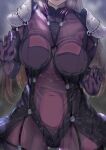  1girl against_window armor ass_visible_through_thighs bodysuit breasts cameltoe covered_navel fate/grand_order fate_(series) head_out_of_frame highres large_breasts lips long_hair looking_at_viewer nonohachi pauldrons purple_bodysuit purple_hair scathach_(fate) shoulder_armor sidelocks solo upper_body wet window 