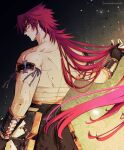  1boy abs armband armlet back back_turned bandages bangs bara from_side haidate hair_down hair_undone highres long_hair male_focus mullet muscular muscular_male parted_bangs red_hair sarashi sideburns solo thigh_armor tonbokiri_(touken_ranbu) topless_male touken_ranbu vambraces wakuwakumuscle weapon 