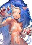  1girl animal_ears animal_hands bare_shoulders blue_eyes blue_hair breasts cat_ears cat_girl claw_pose claws cleavage collarbone commentary_request eyebrows fangs felicia_(vampire) forehead fur grin hair_over_one_eye hinoru_saikusa large_breasts large_hands long_hair looking_at_viewer medium_breasts navel pose simple_background slit_pupils smile solo stomach teeth vampire_(game) white_background 