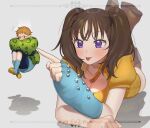  1boy 1girl :p bangs blonde_hair blush boots brown_hair diane_(nanatsu_no_taizai) eyebrows_visible_through_hair floating flying_sweatdrops giant giantess gloves grey_background high_collar king_(nanatsu_no_taizai) lying mono_(mono_zzz) nanatsu_no_taizai object_hug on_stomach pillow pillow_hug poking purple_eyes simple_background single_glove size_difference sweatdrop tongue tongue_out twintails v-shaped_eyebrows 