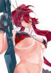  1girl absurdres aka_shiro_kiiro bangs bare_shoulders black_gloves breasts cleavage flame_print gloves gun highres large_breasts long_hair looking_at_viewer navel orange_eyes pink_scarf ponytail red_hair rifle scarf sidelocks smile sniper_rifle solo tengen_toppa_gurren_lagann weapon yoko_littner 