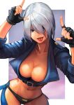  1girl angel_(kof) arm_up black_gloves black_panties blue_eyes breasts cleavage crop_top fingerless_gloves gloves hair_over_one_eye hinoru_saikusa index_finger_raised jacket large_pectorals midriff navel panties pectorals revealing_clothes shaded_face shadow short_hair smile solo stomach the_king_of_fighters thighs tongue tongue_out underwear v white_hair 