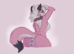  absurd_res anthro anus breasts canid canine canis collar ear_piercing female fur genitals gerce hail_(ikaribunbun) hair half-closed_eyes hi_res long_hair looking_at_viewer looking_back mammal narrowed_eyes piercing pink_body pink_fur pussy rear_view simple_background sitting smile solo spiked_collar spikes wolf 