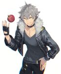  1boy apple asymmetrical_gloves belt black_gloves chromatic_aberration collar collarbone commentary_request ddal ensemble_stars! fang fingerless_gloves food fruit gloves grey_hair grin hand_on_hip highres jacket jewelry looking_at_viewer male_focus oogami_koga silver_hair simple_background smile solo studded_bracelet studded_collar undead_(ensemble_stars!) uneven_gloves white_background yellow_eyes 