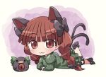  1girl :3 animal animal_ears bird black_footwear blush braid cat_ears cat_tail closed_mouth crow dress eyebrows_visible_through_hair full_body green_dress juliet_sleeves kaenbyou_rin long_hair long_sleeves multiple_tails puffy_sleeves red_eyes red_hair reiuji_utsuho reiuji_utsuho_(bird) rokugou_daisuke signature smile solo tail touhou twin_braids two_tails 