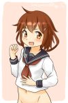  1girl anchor_symbol bottomless brown_eyes brown_hair commentary_request fang hair_ornament hairclip ikazuchi_(kancolle) kantai_collection neckerchief no_panties one-hour_drawing_challenge open_mouth out-of-frame_censoring pink_background ray.s red_neckerchief school_uniform serafuku short_hair skin_fang solo upper_body 