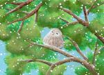  animal animal_focus bird blue_sky branch chibi closed_eyes commentary_request foliage no_humans original owl painting_(medium) sinsousui sitting sky traditional_media tree watercolor_(medium) 