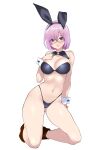  1girl absurdres aka_shiro_kiiro animal_ears bangs bare_shoulders bikini black_bikini blush breasts cleavage collarbone fate/grand_order fate_(series) glasses hair_over_one_eye highres kneeling large_breasts light_purple_hair looking_at_viewer mash_kyrielight navel purple_eyes rabbit_ears short_hair solo swimsuit thighs 