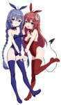  2girls :d ahoge bangs bare_shoulders blue_eyes blue_footwear blue_hair blue_hairband blue_legwear blue_leotard blue_ribbon boots braid breasts brown_eyes cleavage closed_mouth commentary_request crossover curled_horns demon_girl demon_horns demon_tail eyebrows_visible_through_hair fang hair_between_eyes hair_ribbon hairband heart heart_hands heart_hands_duo highres holding_hands horns interlocked_fingers leotard long_hair low_twintails machikado_mazoku medium_breasts multiple_girls mushoku_tensei oueo playboy_bunny red_footwear red_hair red_hairband red_legwear red_leotard red_ribbon ribbon roxy_migurdia simple_background small_breasts smile standing standing_on_one_leg tail thigh_boots thighhighs twin_braids twintails very_long_hair white_background yoshida_yuuko_(machikado_mazoku) 