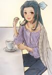  1girl alternate_costume blouse blue_pants commentary_request cup denim forehead green_hair grey_jacket hair_ribbon half_updo highres hot_chocolate jacket jacket_on_shoulders jeans kantai_collection ld_(luna_dial398) medium_hair mug open_mouth pants purple_blouse ribbon round_teeth simple_background solo suzunami_(kancolle) table teeth upper_teeth white_background white_ribbon 