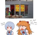  2girls :| angry ayanami_rei bangs blue_eyes blue_hair bow closed_mouth commentary cyrillic english_commentary highres jitome long_hair looking_at_another meme multiple_girls neon_genesis_evangelion nvi2762 orange_hair photo_inset red_bow red_eyes russian_text sasa_lele_(meme) shirt shop short_hair short_sleeves simple_background souryuu_asuka_langley translation_request two_side_up white_background white_shirt 