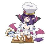  1girl animal bangs blue_choker bread breasts buttons cat chef_hat chef_uniform choker cleavage clenched_teeth cupcake double-breasted food hat hiyari_(hiyarilol) holding holding_knife knife large_breasts league_of_legends long_sleeves looking_at_another meme mittens mittens_removed morgana_(league_of_legends) pink_wings pointy_ears shiny shiny_hair sinful_succulence_morgana swept_bangs teeth toast upper_body wings yuumi_(league_of_legends) 
