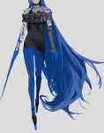  1boy androgynous bangs blue_hair denim highres jeans long_hair male_focus otoko_no_ko pants protagonist_(smtv) saekean84 shin_megami_tensei shin_megami_tensei_v simple_background solo sword very_long_hair weapon 