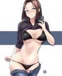  1girl :o artist_logo black_bra black_panties blue_eyes blue_pants blush bra breasts brown_hair cleavage clothes_lift cowboy_shot denim ear_piercing english_commentary eyebrows forehead freshtango hand_up highres holding holding_phone jeans large_breasts looking_at_viewer midriff mole mole_on_breast mole_under_eye navel open_mouth panties pants parted_lips phone piercing pulling samsung samsung_sam selfie shirt_lift sleeves_pushed_up solo two-tone_background underwear wide_hips 
