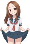  1girl bangs blue_sailor_collar blue_skirt blush brown_eyes brown_hair clothes_lift commentary_request forehead grin head_tilt highres hippo_(hirople) karakai_jouzu_no_takagi-san lifted_by_self long_hair looking_at_viewer neckerchief parted_bangs pleated_skirt red_neckerchief sailor_collar school_uniform serafuku shirt short_sleeves simple_background skirt skirt_lift smile solo standing takagi-san white_background white_shirt 