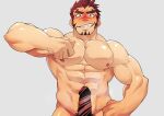  1boy abs akashi_(live_a_hero) bad_id bad_twitter_id bar_censor bara blush censored completely_nude cowboy_shot erection facial_hair goatee hidora_art highres large_pectorals live_a_hero long_sideburns looking_at_viewer male_focus muscular muscular_male nipples nose_blush nude pectorals precum red_eyes red_hair scar scar_on_face scar_on_nose seductive_smile short_hair sideburns smile solo steam stomach teeth 