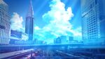  aobara1101 blue_sky blue_theme bridge building city clock clock_tower cloud commentary cumulonimbus_cloud day ground_vehicle highres no_humans original scenery sky sunlight tower train 