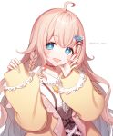  1girl akata_ina blonde_hair blue_eyes blush bow choker head_rest highres indie_virtual_youtuber long_sleeves looking_at_viewer pale_skin pink_hair smile solo toma_(norishio) virtual_youtuber 