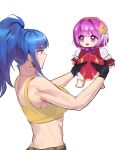  2girls asamiya_athena bangs bare_shoulders blue_eyes blue_hair china_dress chinese_clothes dan_koflove doll dress earrings gloves hair_ornament highres holding holding_doll jewelry leona_heidern multiple_girls ponytail purple_eyes purple_hair short_hair star_(symbol) star_hair_ornament tank_top the_king_of_fighters the_king_of_fighters_xiv toned triangle_earrings yellow_tank_top 