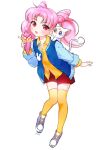  1girl 1other animal_on_shoulder artemis_(sailor_moon) cat cat_on_shoulder chibi_usa crepe food full_body green_eyes highres jacket letterman_jacket long_hair looking_at_viewer pink_hair pita_(ppp) red_shorts shoes shorts simple_background sneakers standing thighhighs twintails white_background white_cat yellow_legwear 