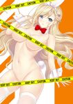  1girl animal_ears bangs blonde_hair blue_eyes bow bowtie braid breasts caution_tape censored cowboy_shot detached_collar eyebrows_visible_through_hair fake_animal_ears hair_between_eyes hair_ornament hairclip hataraki_kuma highres keep_out long_hair looking_at_viewer medium_breasts navel nude open_mouth original rabbit_ears rabbit_tail red_bow red_bowtie solo tail thighhighs white_legwear wrist_cuffs 