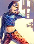  1boy animal_print argyle argyle_sweater black_eyes dyresbroom guido_mista gun hat holding holding_gun holding_weapon jojo_no_kimyou_na_bouken male_focus midriff solo sweater tiger_print vento_aureo weapon 