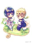  2boys bangs blonde_hair blue_eyes blunt_bangs bob_cut braid bruno_buccellati chibi dyresbroom flower giorno_giovanna hair_ornament hairclip jojo_no_kimyou_na_bouken leaf male_focus multiple_boys plant sitting vento_aureo vines yellow_eyes 