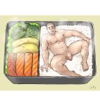  1boy abs alittlep anus bara broccoli buzz_cut completely_nude flaccid food food_focus from_above full_body highres large_pectorals leg_hair lettuce looking_at_viewer lunchbox male_focus male_pubic_hair muscular muscular_male nantaimori navel navel_hair nipples nude original pectorals penis plump pubic_hair rice sausage short_hair smile solo spread_anus steam stomach thick_thighs thighs uncensored very_short_hair 