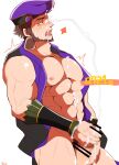  1boy abs autofacial bar_censor bara bare_pectorals bare_shoulders beard blush censored crow_(siranui) cum cum_on_body cum_on_boy cum_on_pectorals cum_on_self erection facial facial_hair from_side hat highres large_pectorals male_focus male_masturbation masturbation mature_male muscular muscular_male naked_shirt navel nipples ookuninushi_(p&amp;d) pectorals projectile_cum purple_shirt puzzle_&amp;_dragons shirt short_hair solo stomach thighs 