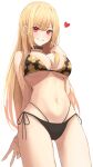  1girl bare_arms bare_shoulders bikini black_bikini black_choker blonde_hair breasts choker cleavage cowboy_shot ear_piercing earrings floral_print grin halter_top halterneck hand_up heart highres jewelry kitagawa_marin large_breasts long_hair looking_at_viewer mela_(rbw1s) multi-strapped_bikini navel o-ring o-ring_bikini piercing print_bikini red_eyes side-tie_bikini simple_background smile solo sono_bisque_doll_wa_koi_wo_suru standing stomach string_bikini swimsuit thighs v very_long_hair white_background 