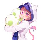  1girl animal_hood bangs baseball_cap cat_hood cat_tail egg hat holding holding_egg hololive hood jacket looking_at_viewer minato_aqua multicolored_hair open_clothes open_jacket open_mouth pink_eyes pink_hair ribbon satsukl_5 simple_background solo streaked_hair tail tail_ornament tail_ribbon upper_body virtual_youtuber white_background 