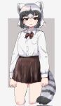  1girl alternate_costume animal_ears blush bow bowtie brown_bow brown_bowtie brown_eyes brown_skirt buttergirl_02 collared_shirt commentary_request common_raccoon_(kemono_friends) cowboy_shot eyebrows_visible_through_hair grey_hair highres kemono_friends long_sleeves looking_at_viewer multicolored_hair pleated_skirt raccoon_ears raccoon_girl raccoon_tail school_uniform shirt short_hair skirt solo tail white_hair white_shirt 