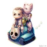  2boys animal_ears black_eyes cat_ears chibi cornrows diamond_wa_kudakenai dyresbroom formal ground_vehicle hair_slicked_back jojo_no_kimyou_na_bouken kawajiri_kosaku killer_queen kira_yoshikage lowres military military_vehicle motor_vehicle multiple_boys necktie plant potted_plant sheer_heart_attack stand_(jojo) stray_cat_(jojo) suit tank 